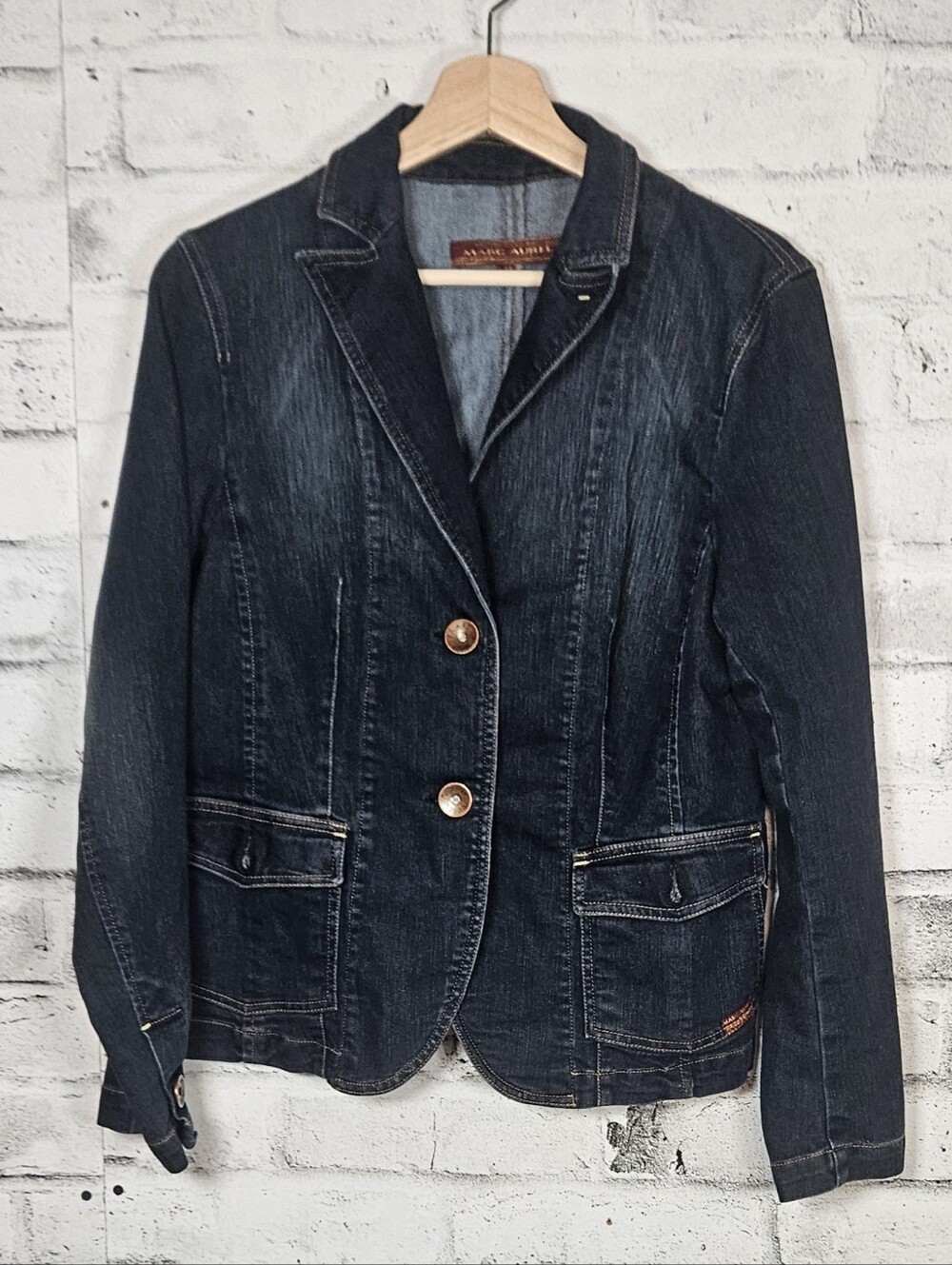 Marc Aurel Denim Blazer Jacket Women Size 42 Dark Wash Stretch Tailored